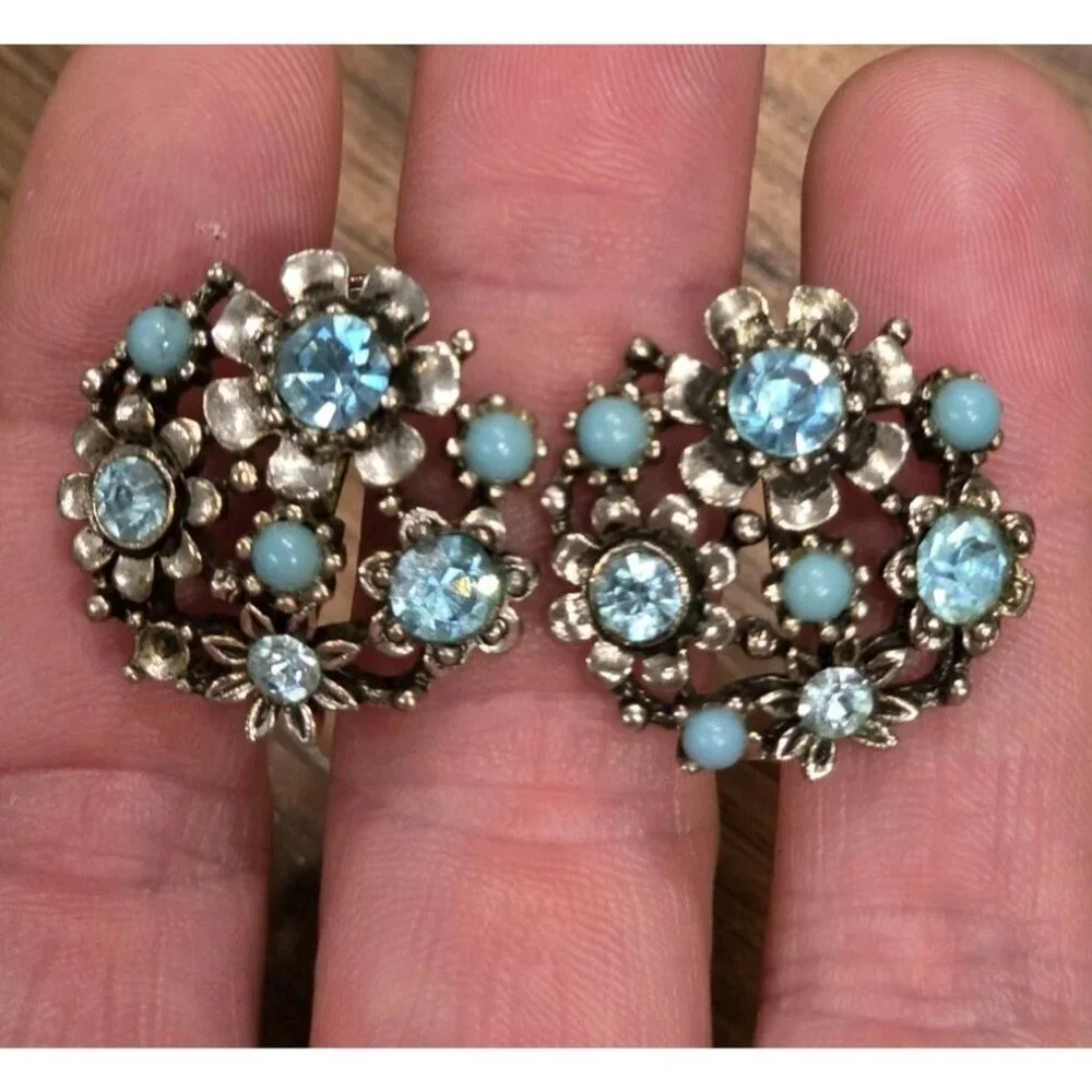 Vtg Lisner Earrings Signed Screw Back Blue Rhinestone Faux Pearl As Is